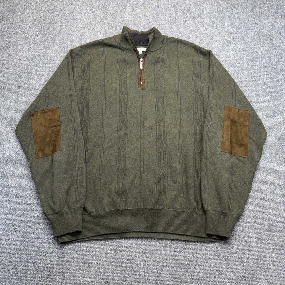 Alex Cannon Mens Olive Green Quarter Zip Cable Knit Sweater Elbow Patches Large